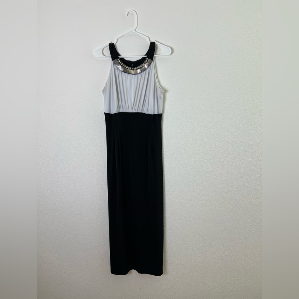 Black and White Maxi Dress with Embellished Neckline